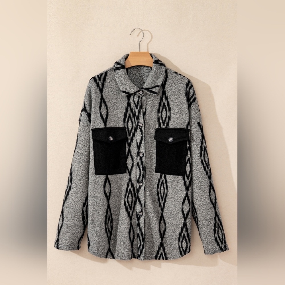 Grey Aztec Loose Oversize Fleece Shacket Layering Piece - Picture 3 of 12